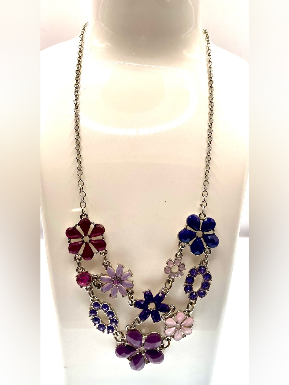 Y2K Silver Tone Multicolor Floral Statement Necklace Floral Design